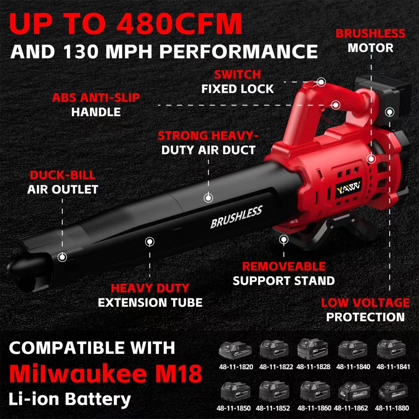 Cordless Leaf Blower for Milwaukee M18 Battery, 480 CFM Electric Blower with Brushless Motor, Lockable to Maintain Speeds up to 130MPH, Handheld Blower for Snow Blowing, Lawn Care, Yard(No Battery)