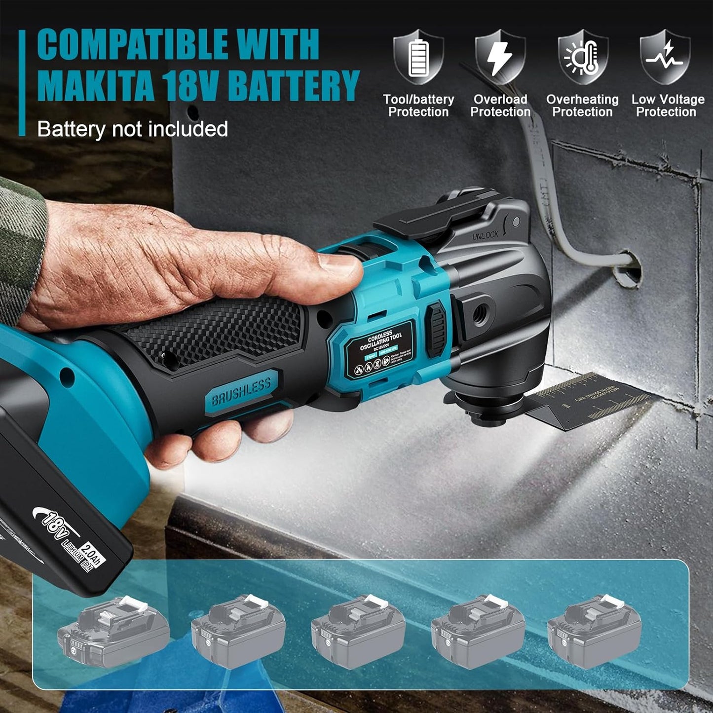 Cordless Oscillating Tool for Makita 18V Battery, 6 Variable Speed Brushless-Motor Tool, Oscillating multi tool kit for Cutting Wood Drywall Nails Remove Grout & Sanding(Battery Not Included)