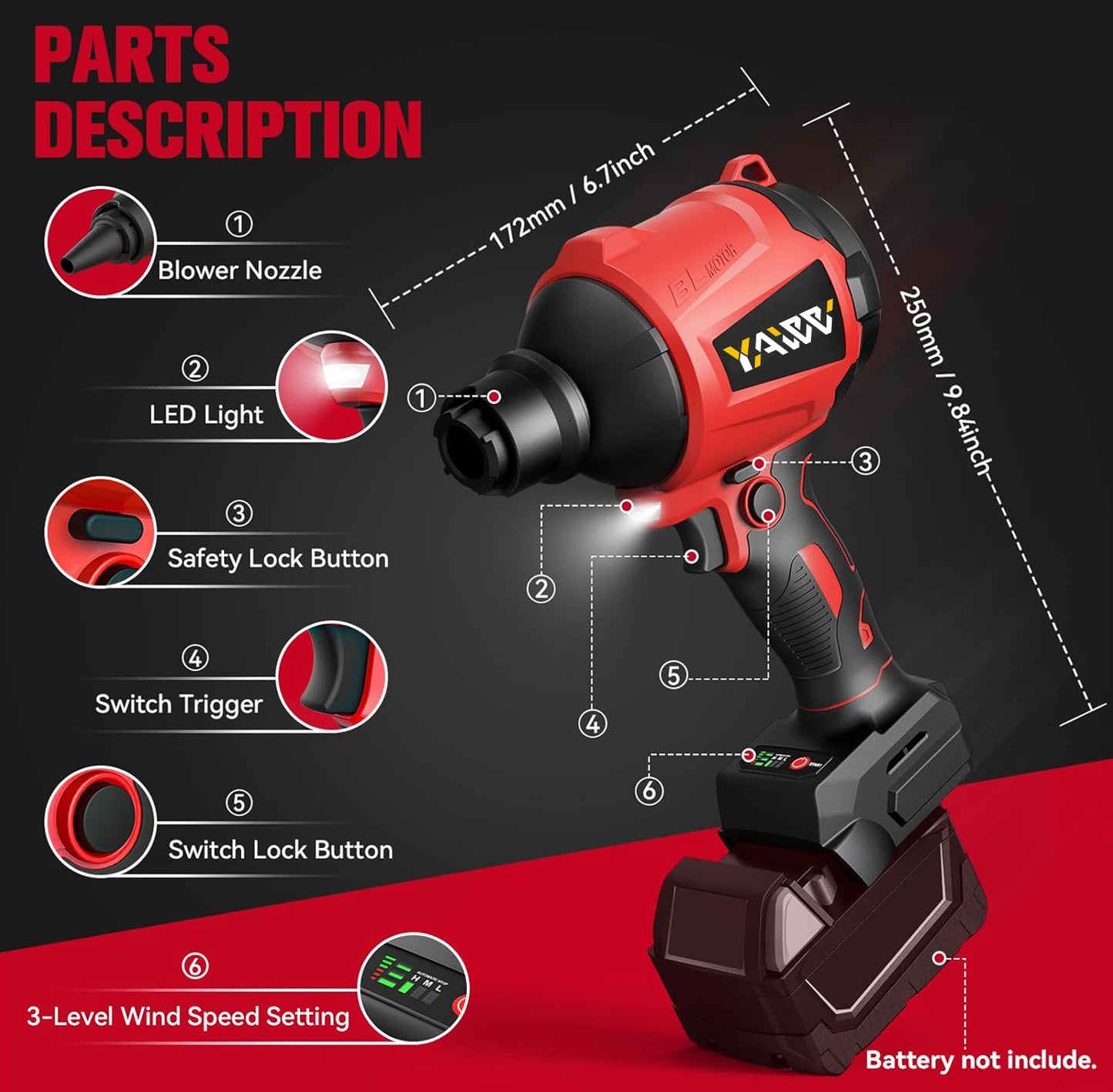 Cordless Air Pump Dust Blower for Milwaukee m18 Battery, Brushless Air Duster Compressed Air Mattress Pump Air Blower w/ 3 Speeds & 7 Nozzles & 447 MPH/39 CFM for Workshop Cleaning, Inflating