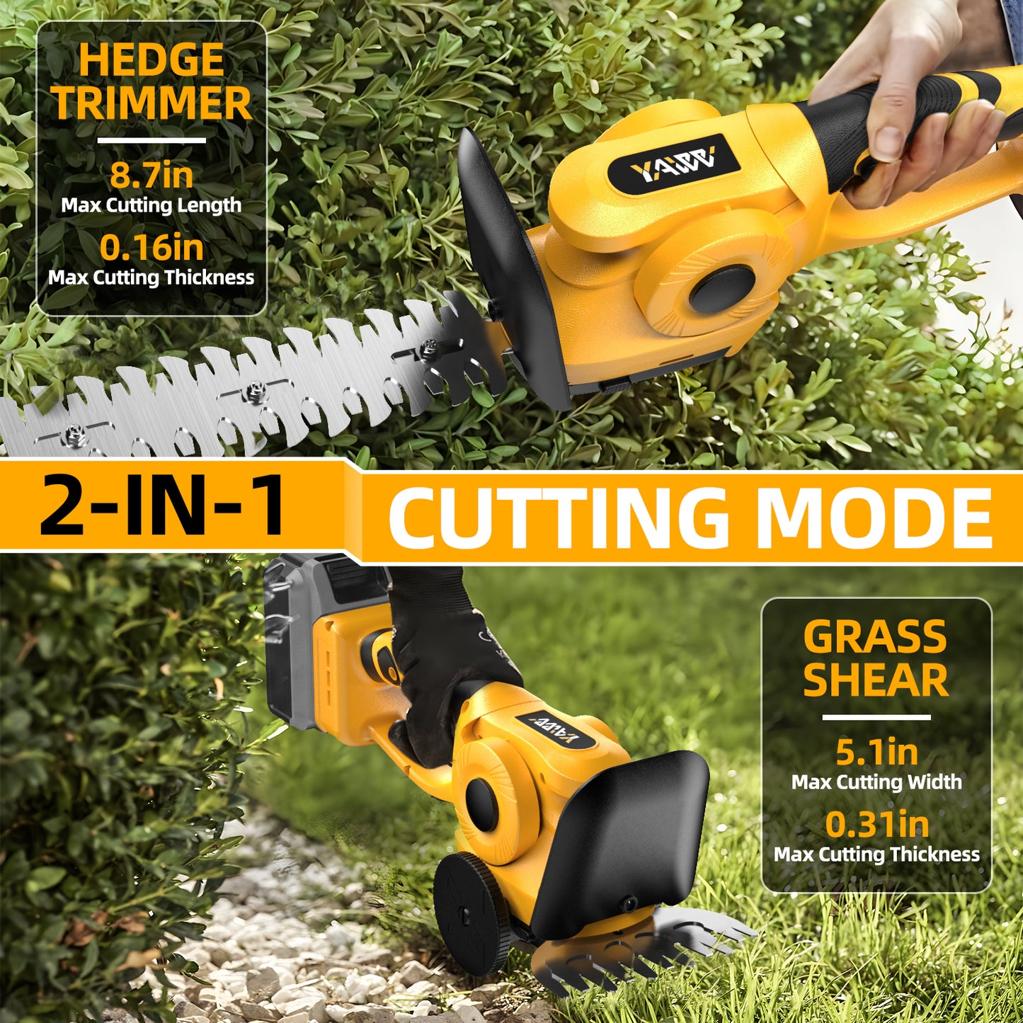 Cordless Hedge Trimmer for De-Walt 20V Battery(Battery not Included), 2 in 1 Handheld Hedge Trimmer with Grass Shear & Shrubbery Trimmer, 45° adjustable Grass Trimmer for Yard Lawn, Backyard, Garden