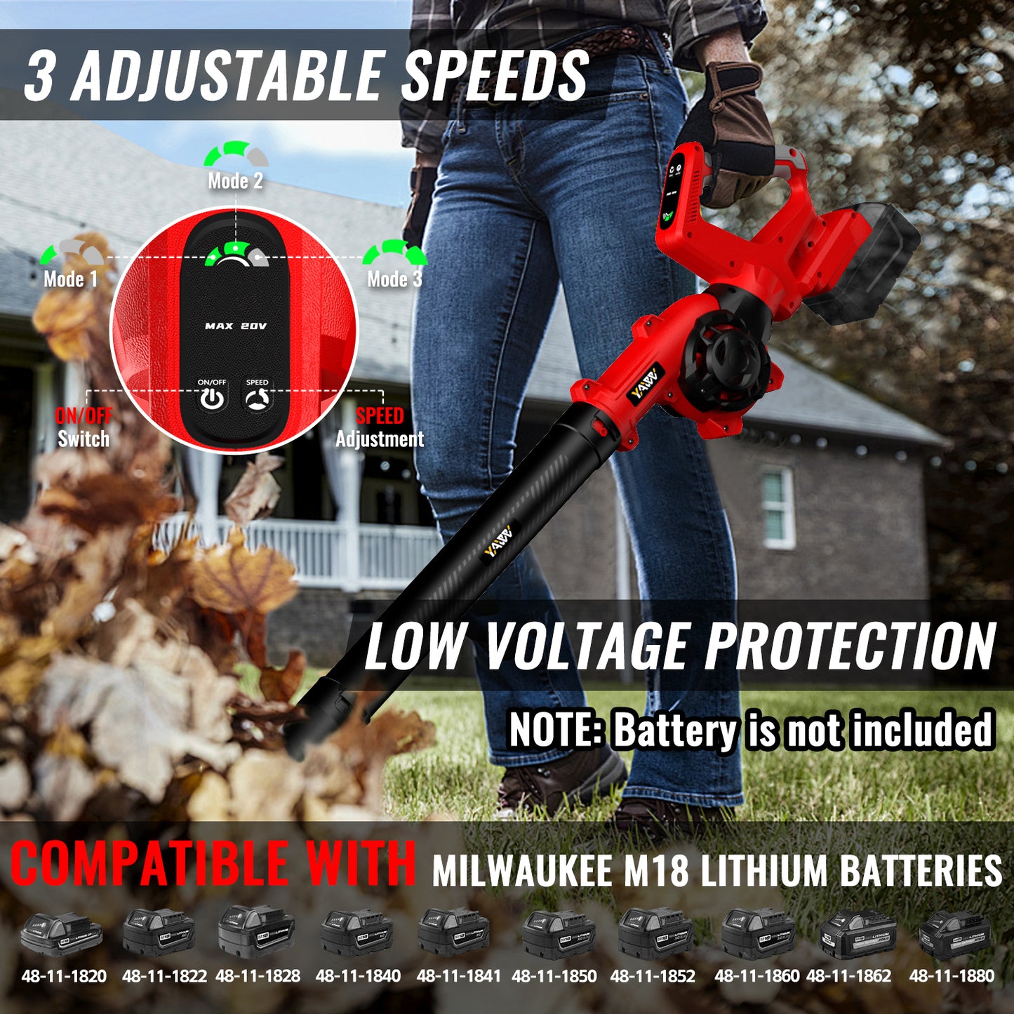 Leaf Blower, Cordless Leaf Blower for Milwaukee M18 Battery, 3 Speed Modes Up to 200MPH, 270° Rotatable Electric Leaf Blower with 4 Blowing Nozzles for Lawn Care and Yard(Battery Not Included)