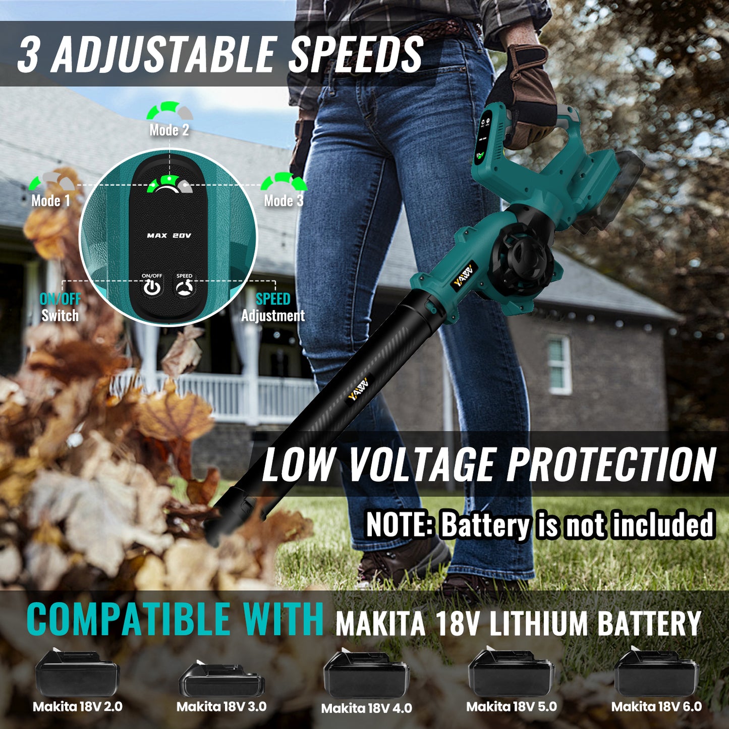 Leaf Blower, Cordless Leaf Blower for Makita 18V Battery, 3 Speed Modes Up to 200MPH, 270° Rotatable Electric Leaf Blower with 4 Blowing Nozzles for Lawn Care and Yard(Battery Not Included)