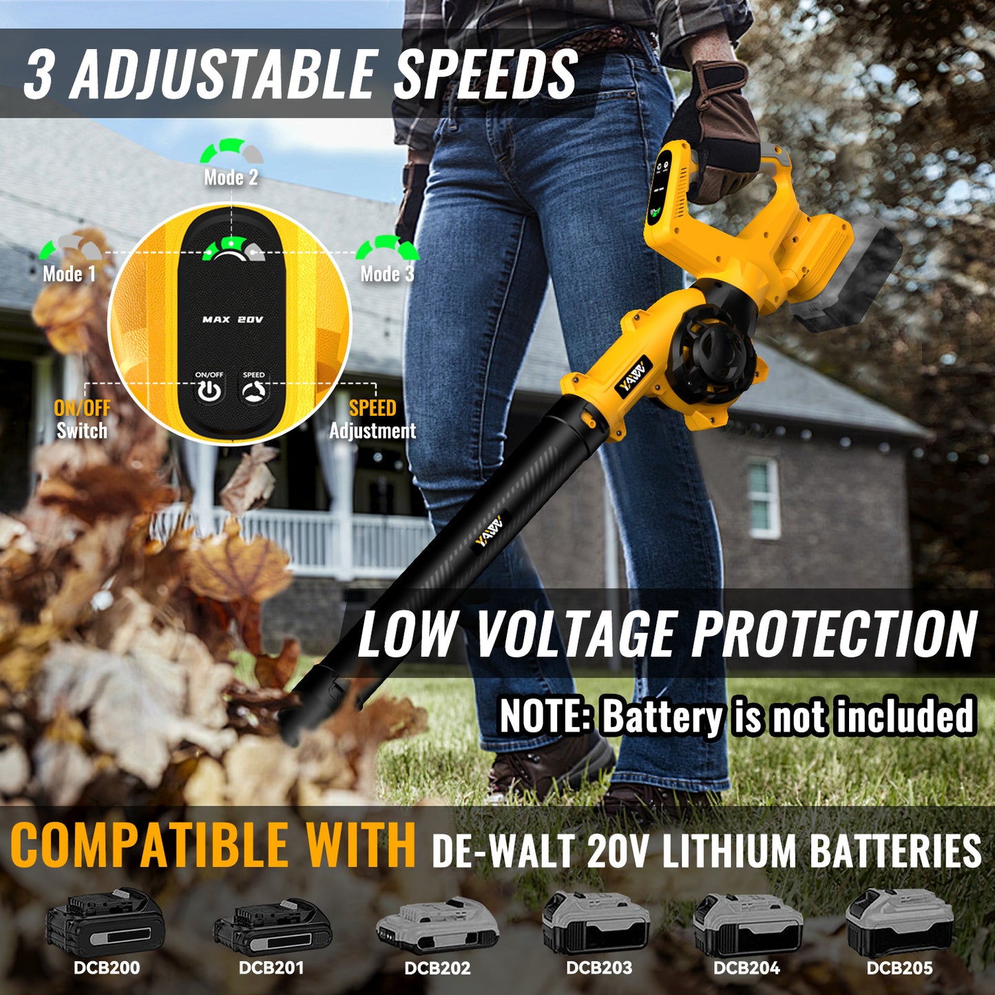 Leaf Blower, Cordless Leaf Blower for De-Walt 20V Battery, 3 Speed Modes Up to 200MPH, 270° Rotatable Electric Leaf Blower with 4 Blowing Nozzles for Lawn Care and Yard(Battery Not Included)