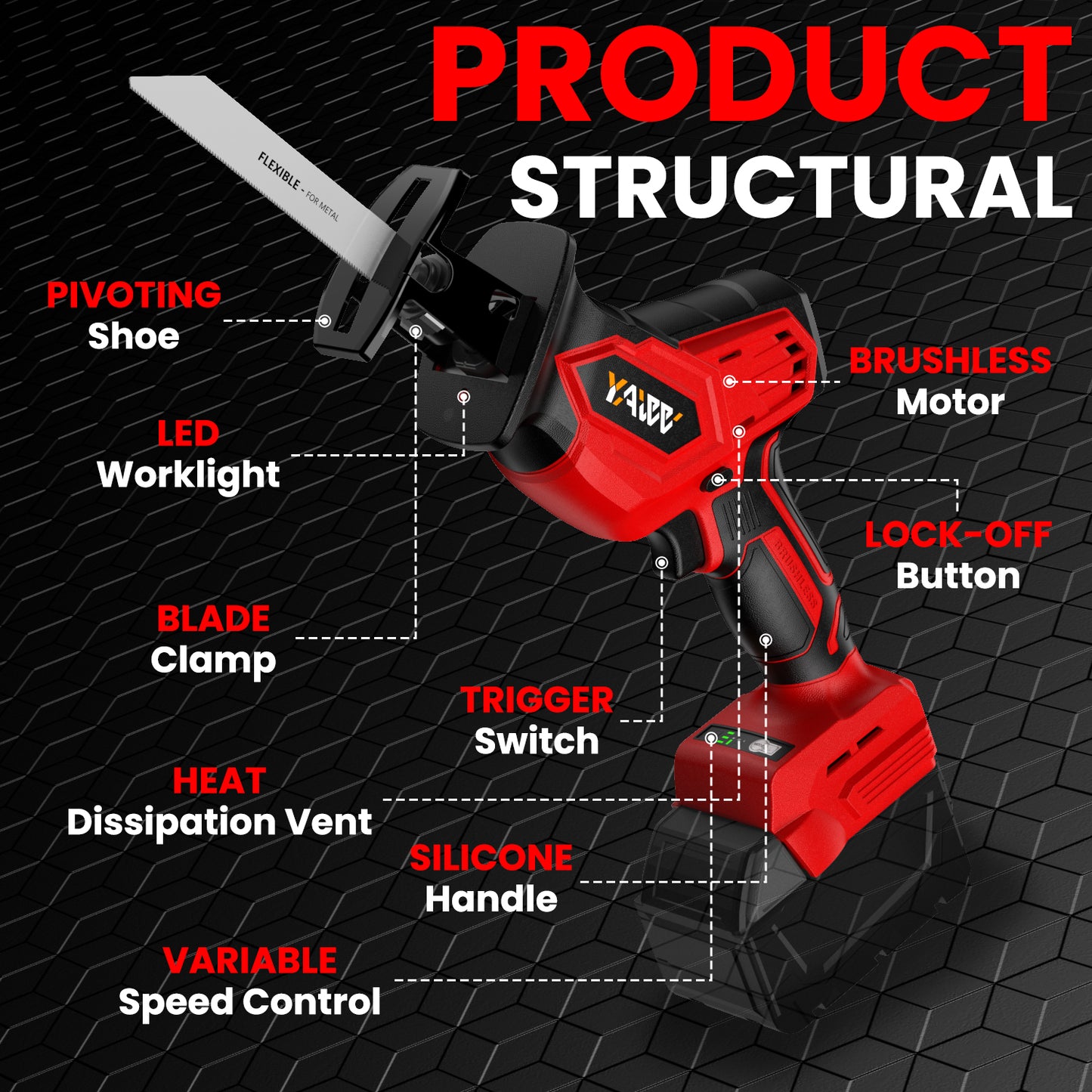 Lightweight Reciprocating Saw for Milwaukee M18 Battery, 3 Variable Speed 0-3500 Brushless Recipro Saw, Tool-free Blade Change, 4 Saw Blade Potable Recipro Saw kit for Wood/Metal/PVC Cuts - Tool Only