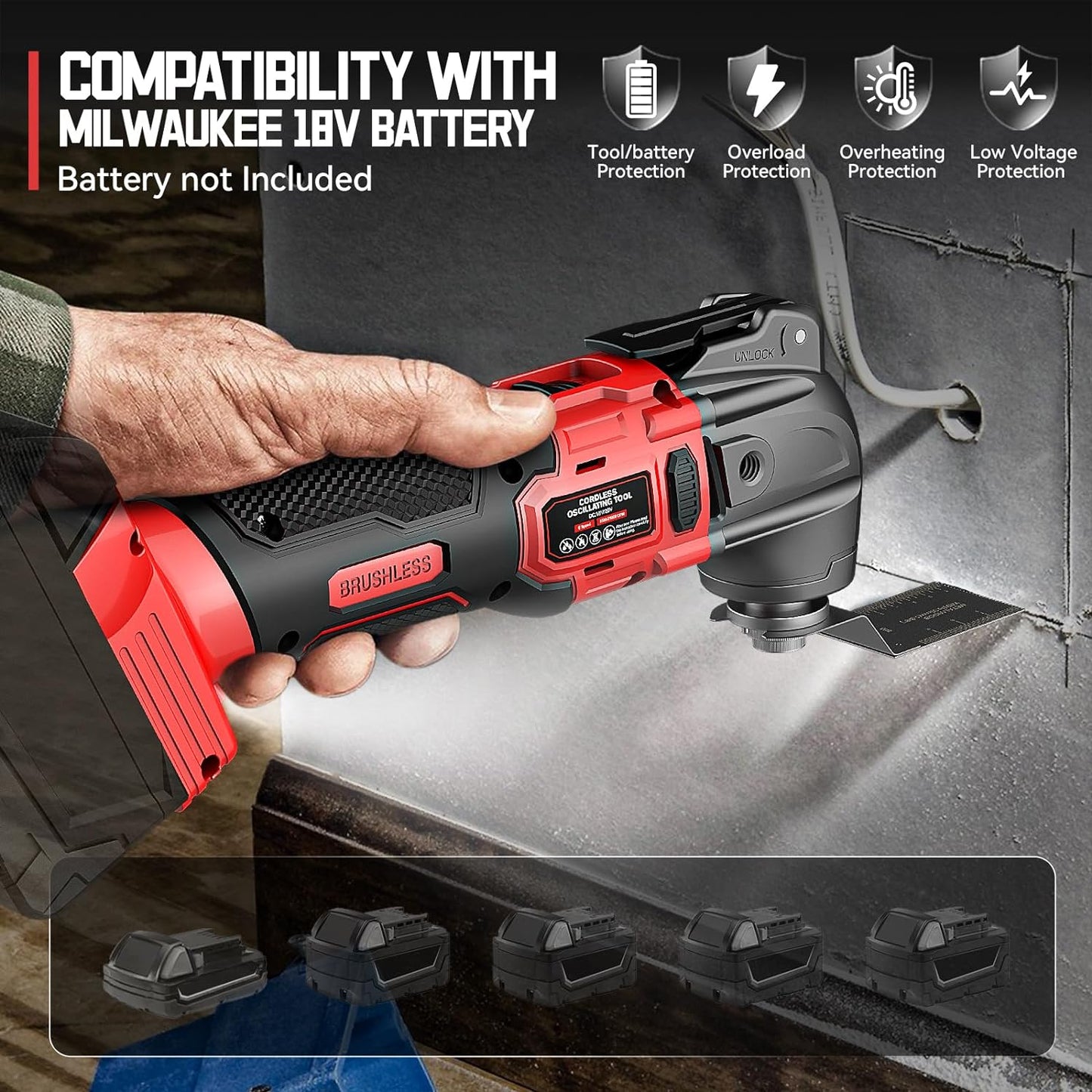 Cordless Oscillating Tool for Milwaukee 18V Battery, 6 Variable Speed Brushless-Motor Tool, Oscillating multi tool kit for Cutting Wood Drywall Nails Remove Grout & Sanding(Battery Not Included)