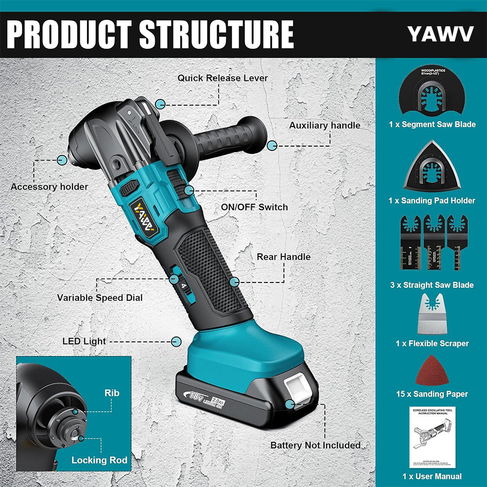 Cordless Oscillating Tool for Makita 18V Battery, 6 Variable Speed Brushless-Motor Tool, Oscillating multi tool kit for Cutting Wood Drywall Nails Remove Grout & Sanding(Battery Not Included)