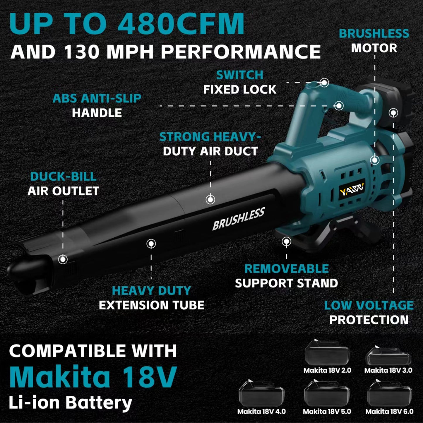 Cordless Leaf Blower for Makita 18V Battery, 480 CFM Electric Blower with Brushless Motor, Lockable to Maintain Speeds up to 130MPH, Handheld Blower for Snow Blowing, Lawn Care, Yard(No Battery)