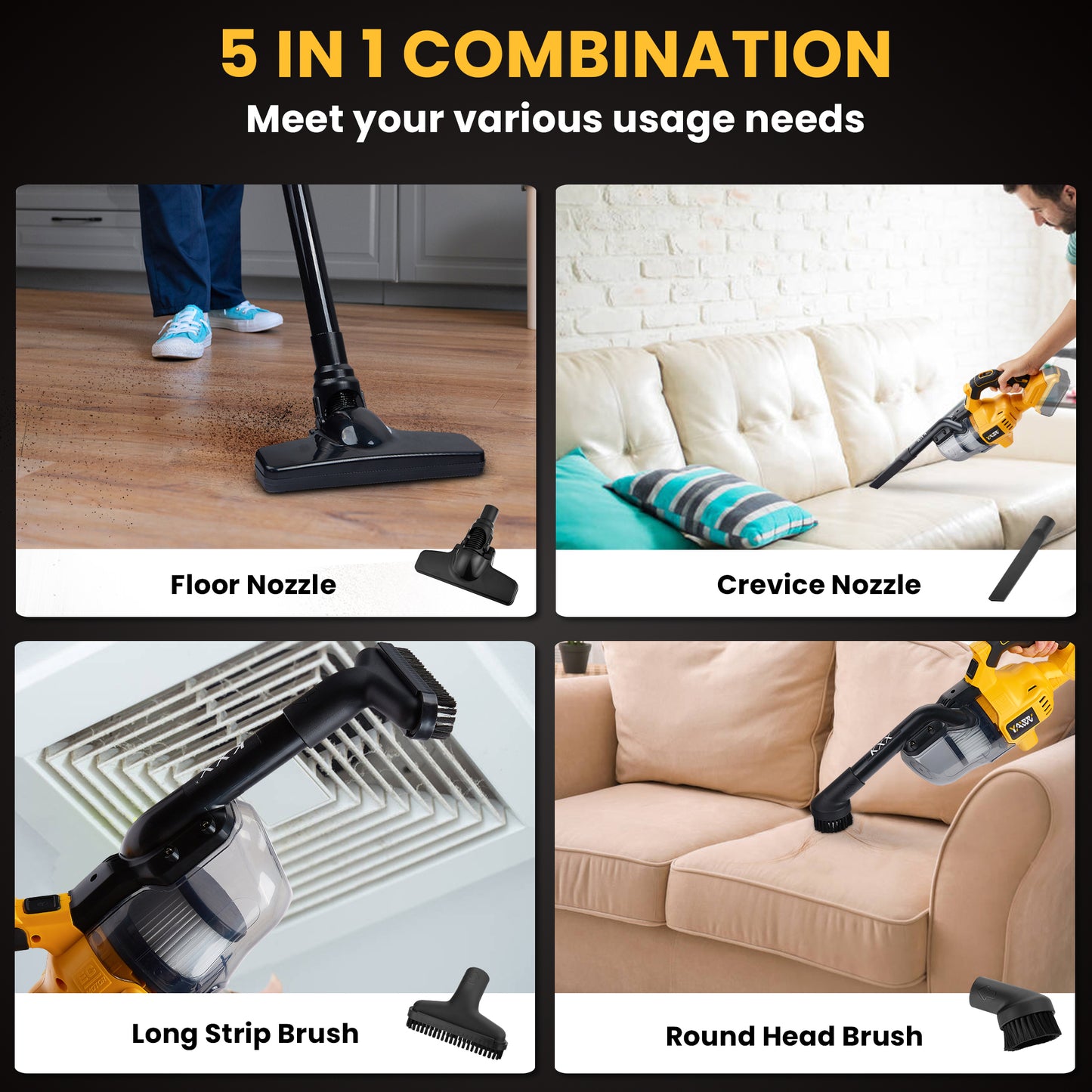 Cordless Vacuum for De-Walt 20V Battery, 5 in 1 Handheld Electric Vacuum Cleaner with 500W Powerful Motor, 46 CFM Portable Hand Vacuum with Filtration HEPA for Floor, Carpet, Car (Not include Battery)