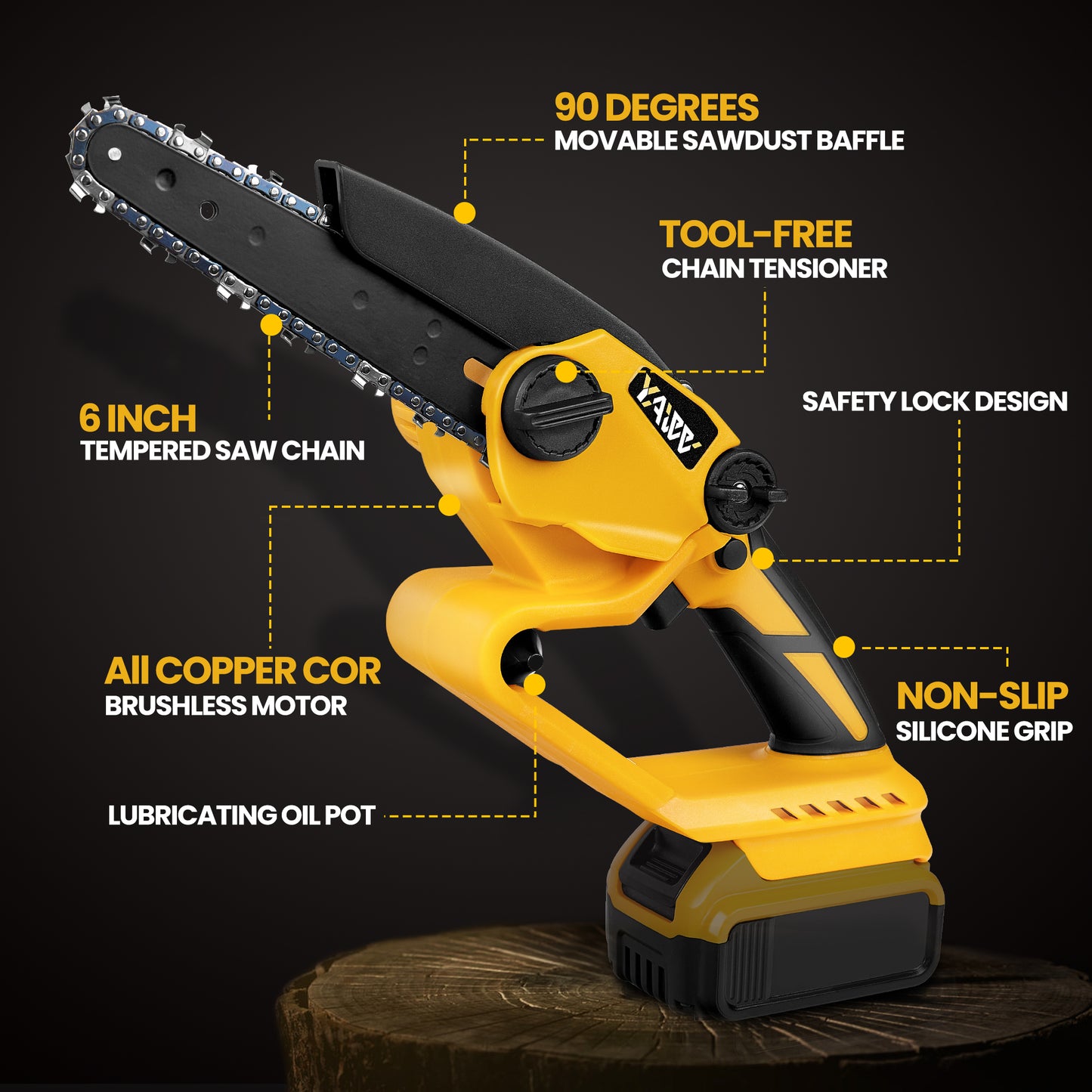 Mini Chainsaw for Dewalt 20V Max Battery, 6 Inch Cordless Chain Saw with Brushless Motor and Security Lock, Battery Powered Mini Chainsaw with 2 Replacement Chains for Wood Cutting,Tree Trimming